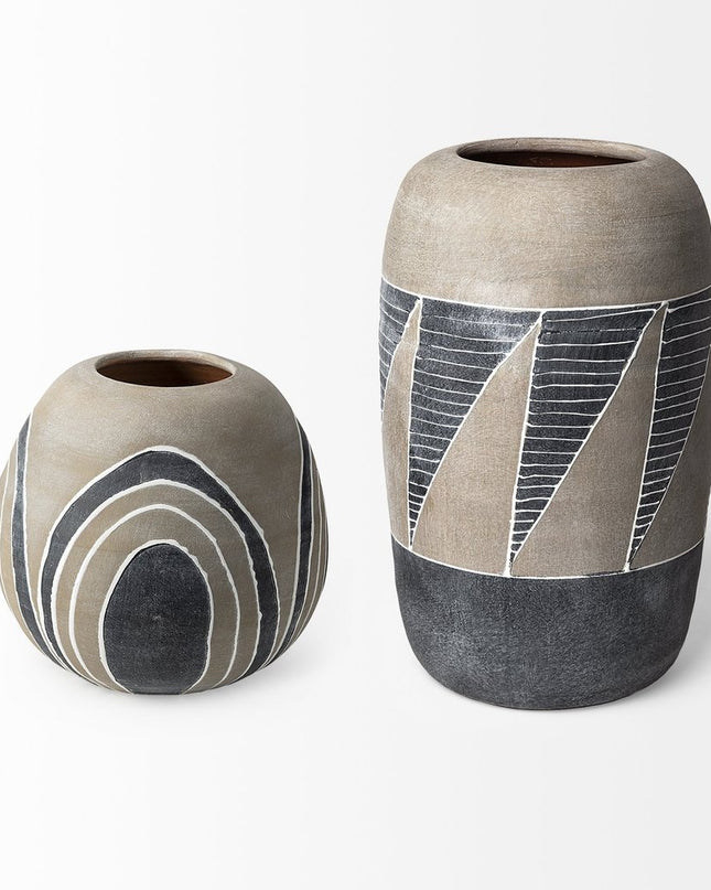 10" Brown And White Abstract Cylinder Ceramic Table Vase