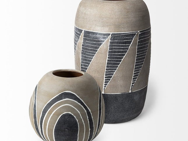 10" Brown And White Abstract Cylinder Ceramic Table Vase