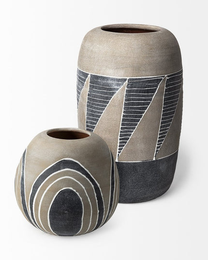 10" Brown And White Abstract Cylinder Ceramic Table Vase