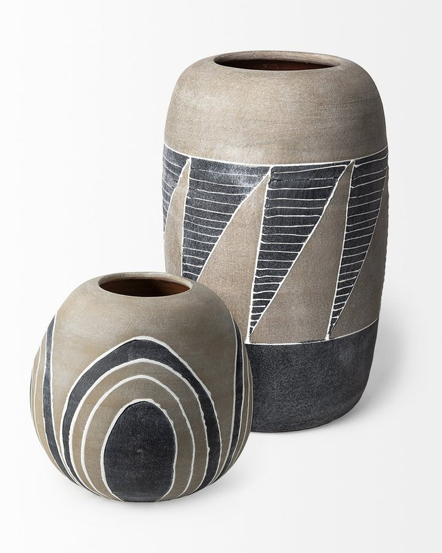 10" Brown And White Abstract Cylinder Ceramic Table Vase