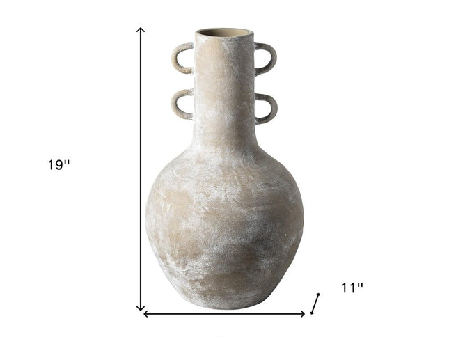 Rustic Whitewash Brown Double Handle Ceramic Vase
