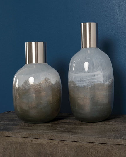 13" Bronze And White Ombre Glass Cylinder Table Vase