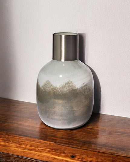 13" Bronze And White Ombre Glass Cylinder Table Vase