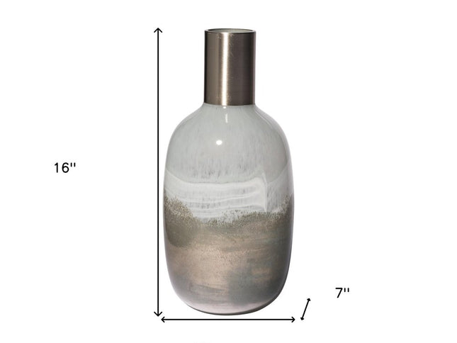 16" Bronze And White Ombre Glass Cylinder Table Vase