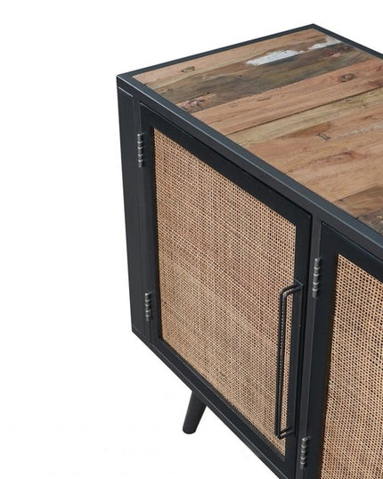 Rustic Black Natural and Rattan Media Cabinet with Three Doors