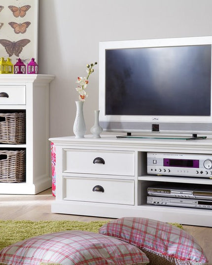 47" White Solid Wood Drawers and Open Shelving Entertainment Center