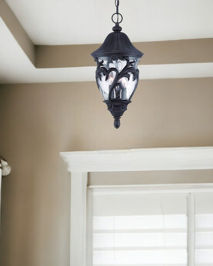 Three Light Matte Black Leaf Detail Hanging Light