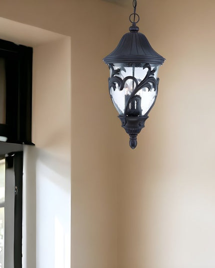 XL Three Light Matte Black Leaf Detail Hanging Light