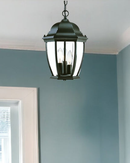 Three Light Matte Black Wide Lantern Hanging Light