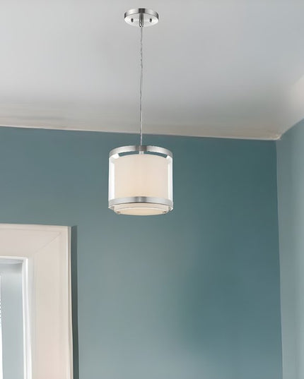 White and Silver Hanging Light with Fabric Shade