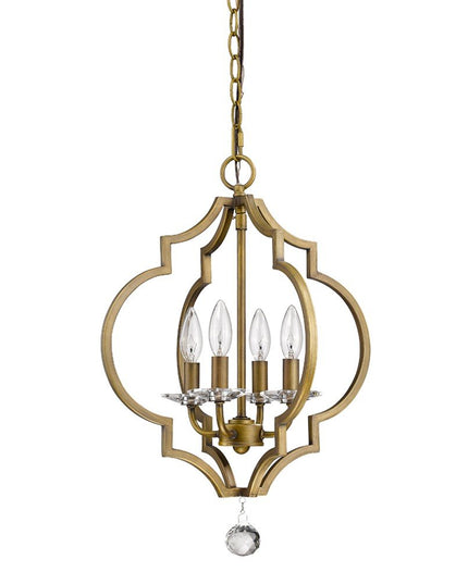Brass Candle Style Four Light Metal and Crystals Dimmable Chandelier