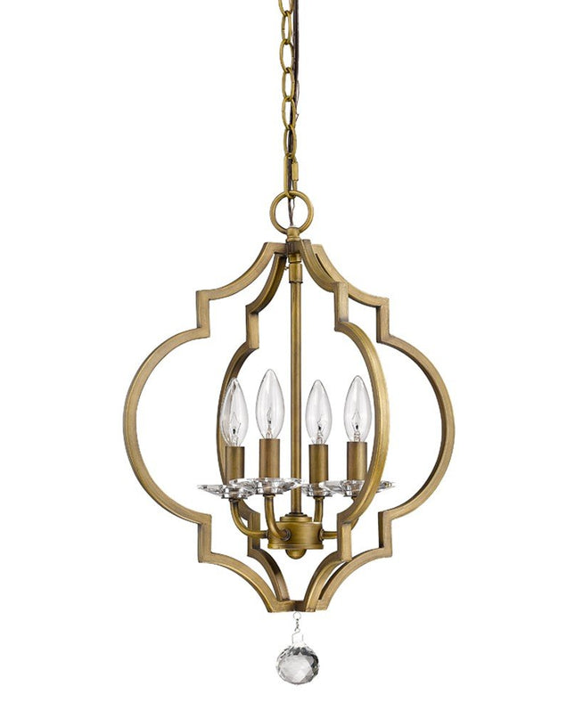 Brass Candle Style Four Light Metal and Crystals Dimmable Chandelier