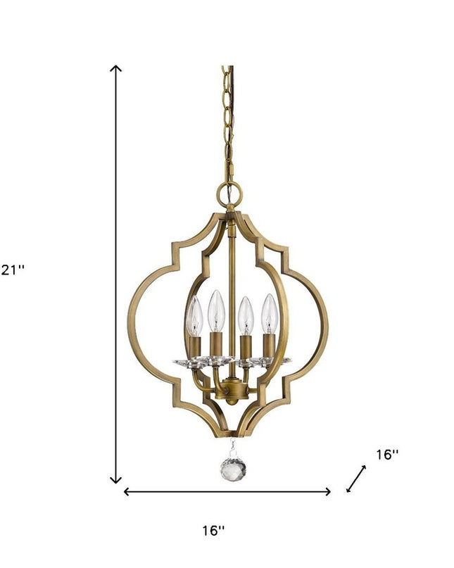 Brass Candle Style Four Light Metal and Crystals Dimmable Chandelier