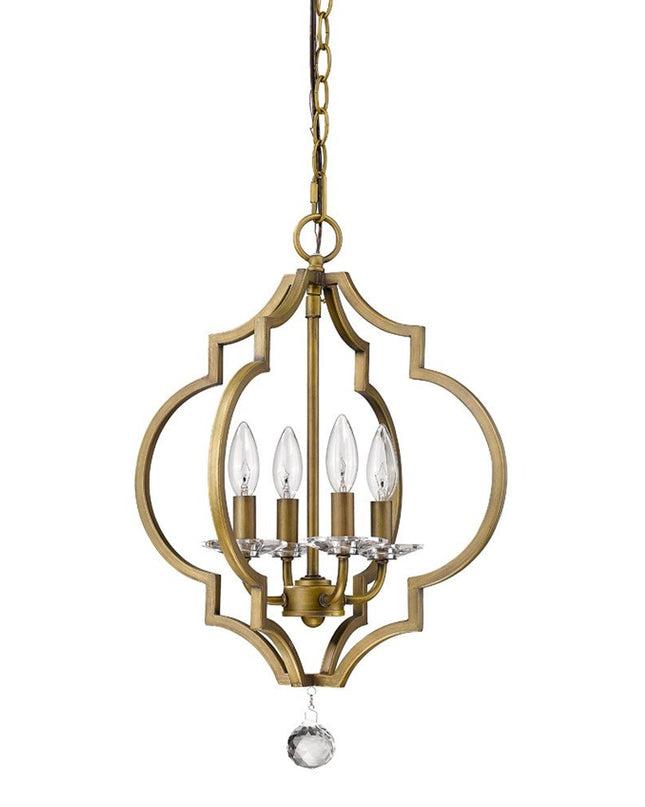 Brass Candle Style Four Light Metal and Crystals Dimmable Chandelier