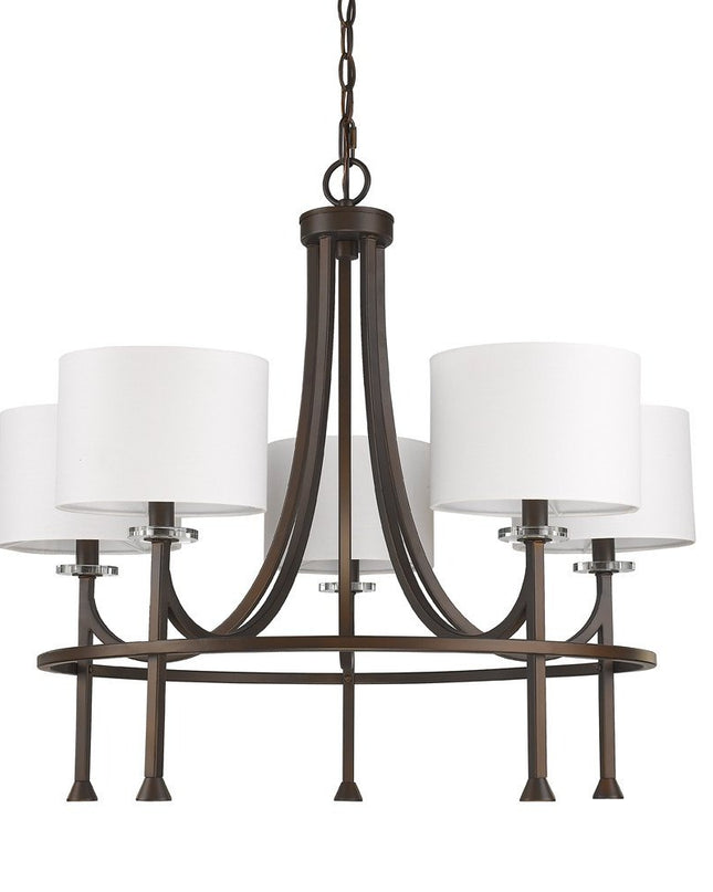 Brown Candle Style Five Light Metal and Crystals Dimmable Chandelier With White Shades