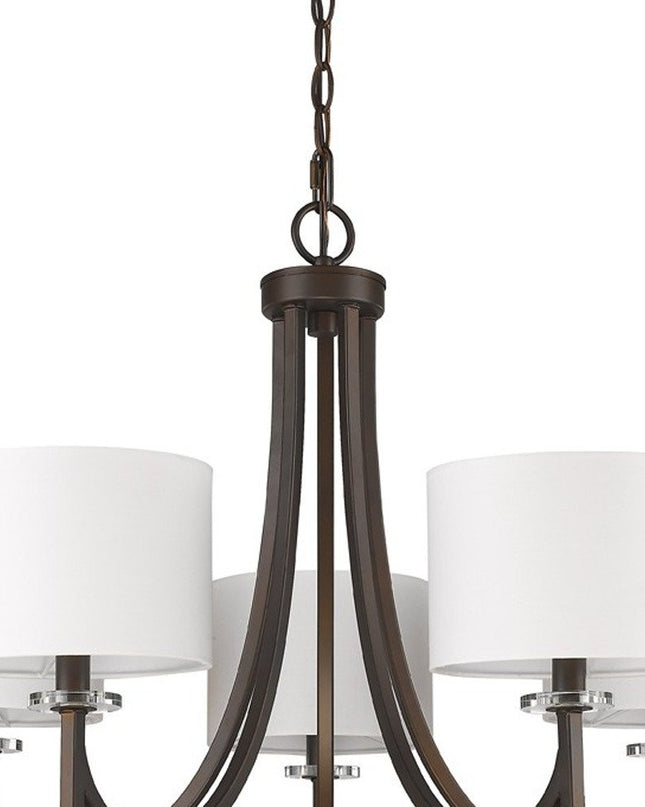 Brown Candle Style Five Light Metal and Crystals Dimmable Chandelier With White Shades