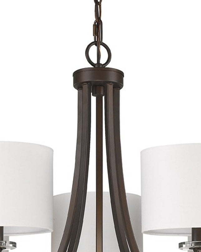 Brown Candle Style Five Light Metal and Crystals Dimmable Chandelier With White Shades