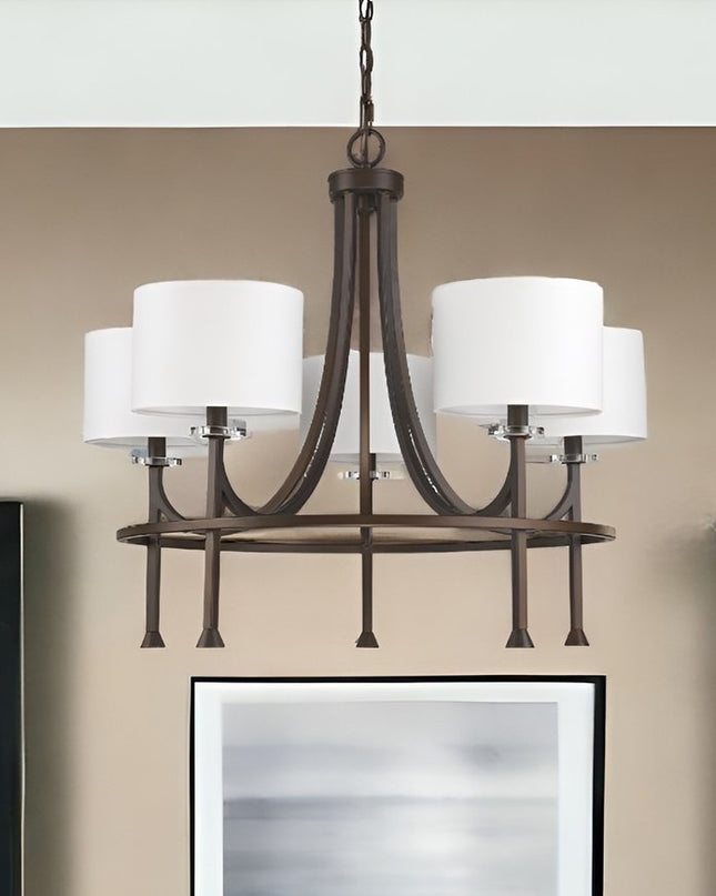 Brown Candle Style Five Light Metal and Crystals Dimmable Chandelier With White Shades