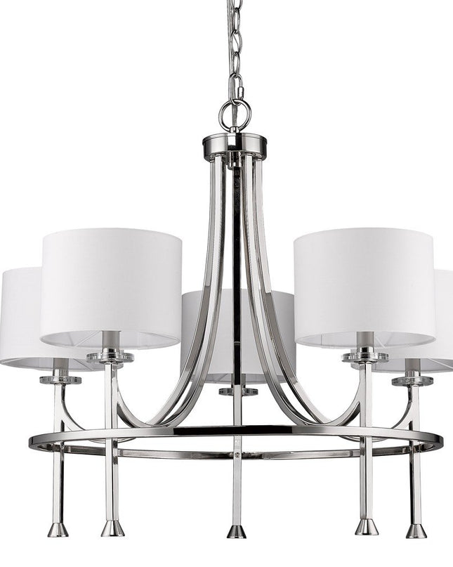 Silver Candle Style Five Light Metal and Crystals Dimmable Chandelier With White Shades