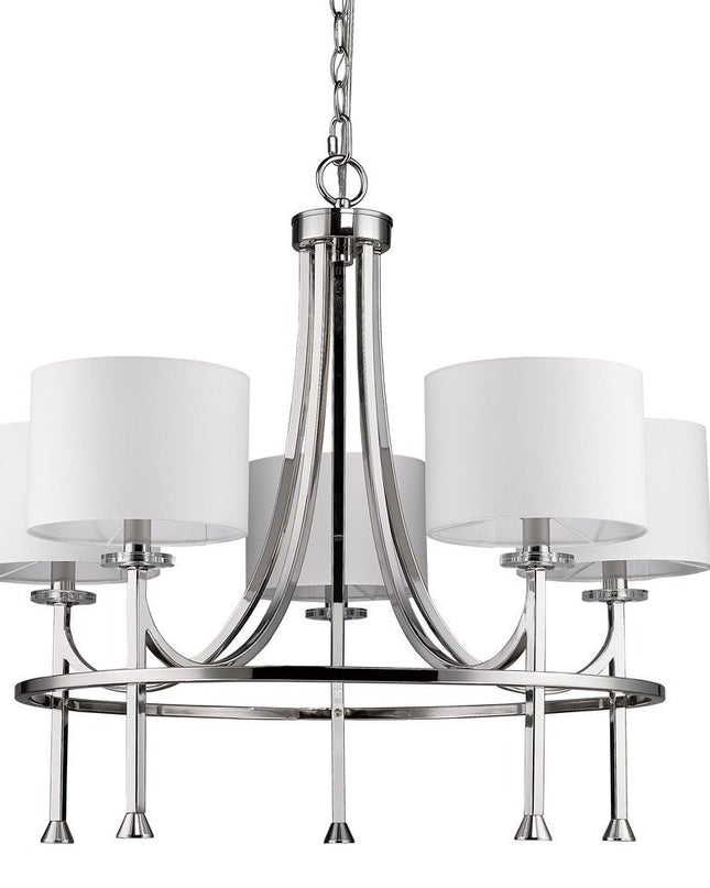Silver Candle Style Five Light Metal and Crystals Dimmable Chandelier With White Shades