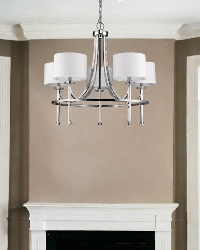 Silver Candle Style Five Light Metal and Crystals Dimmable Chandelier With White Shades