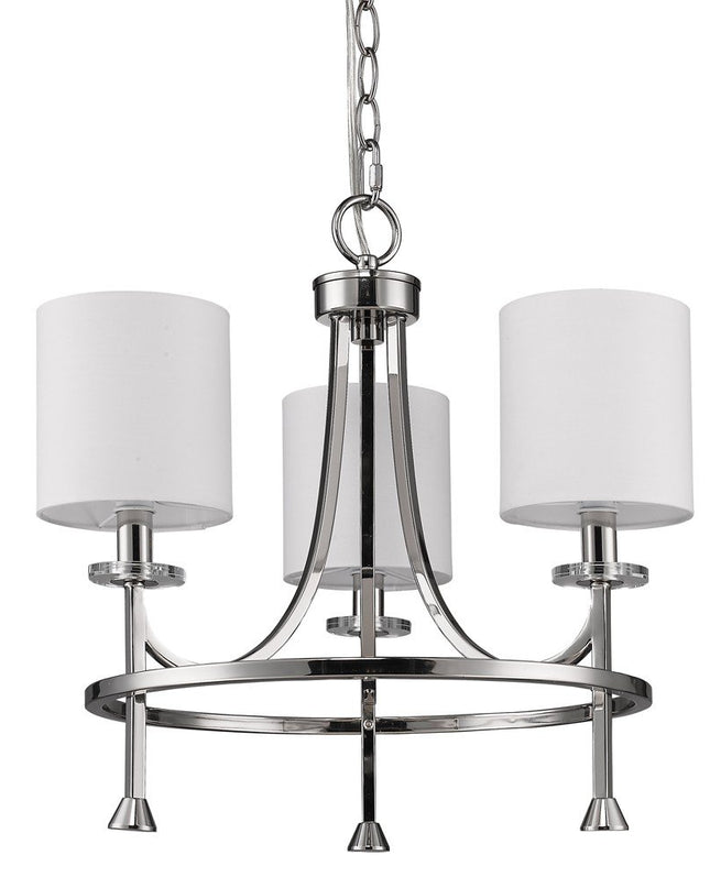 Silver Candle Style Three Light Metal Dimmable Chandelier With White Shades