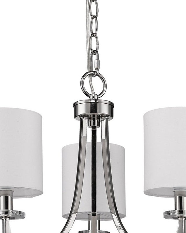 Silver Candle Style Three Light Metal Dimmable Chandelier With White Shades