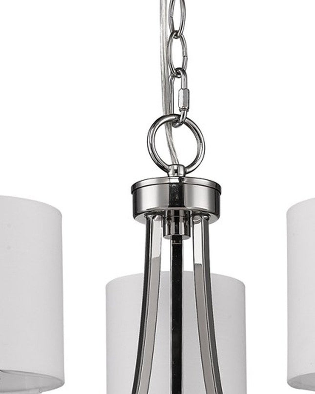 Silver Candle Style Three Light Metal Dimmable Chandelier With White Shades