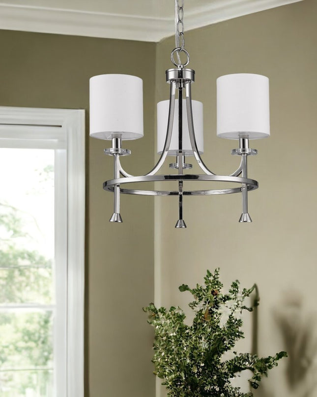 Silver Candle Style Three Light Metal Dimmable Chandelier With White Shades
