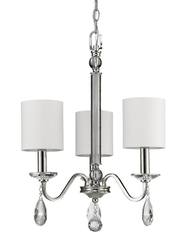Silver Candle Style Three Light Metal and Crystals Dimmable Chandelier With White Shades