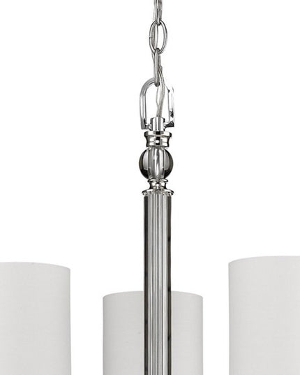 Silver Candle Style Three Light Metal and Crystals Dimmable Chandelier With White Shades