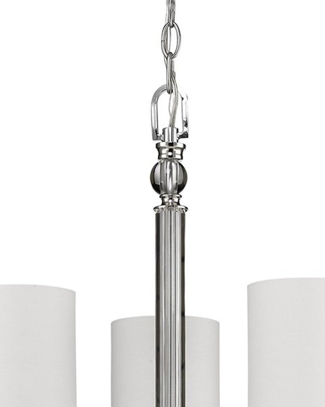 Silver Candle Style Three Light Metal and Crystals Dimmable Chandelier With White Shades