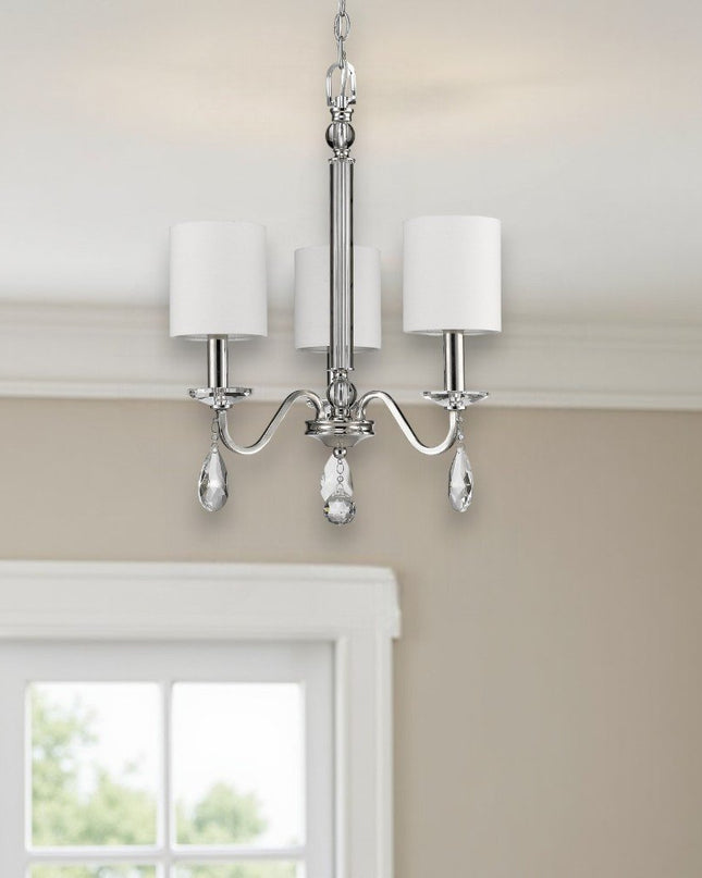 Silver Candle Style Three Light Metal and Crystals Dimmable Chandelier With White Shades