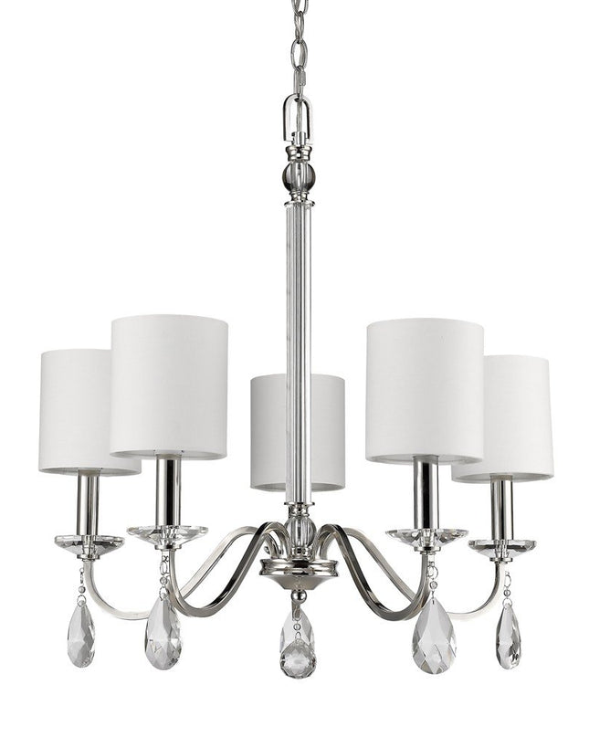 Silver Candle Style Five Light Metal and Crystals Dimmable Chandelier With White Shades
