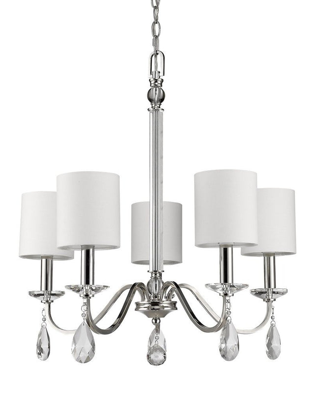 Silver Candle Style Five Light Metal and Crystals Dimmable Chandelier With White Shades