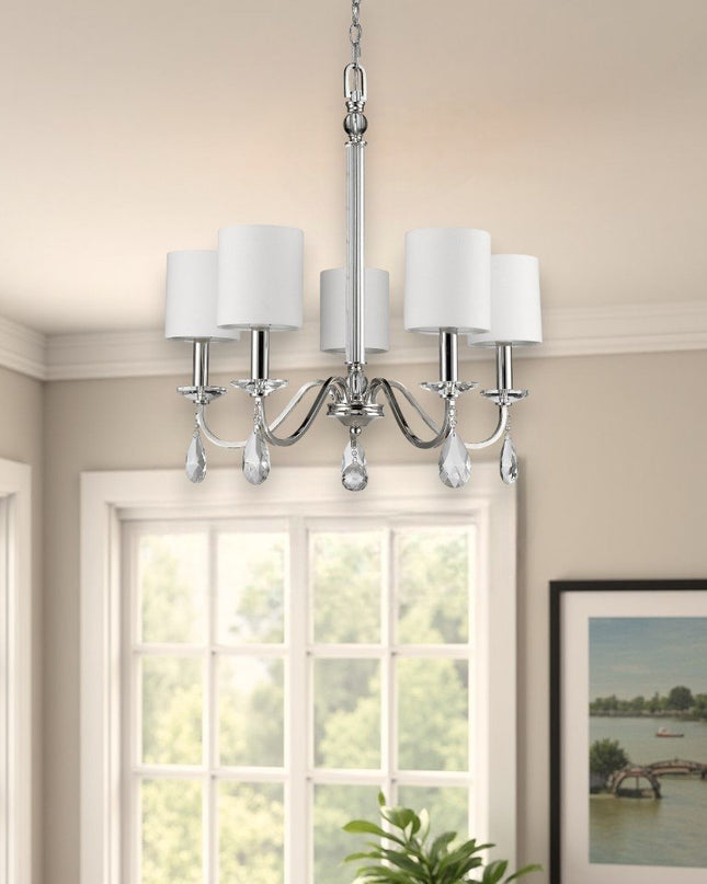 Silver Candle Style Five Light Metal and Crystals Dimmable Chandelier With White Shades