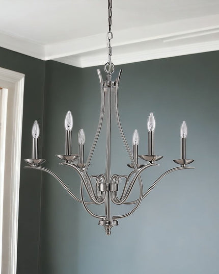 Nickel Candle Style Six Light Metal Dimmable Chandelier