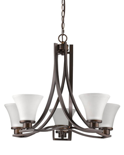 Bronze Candle Style Five Light Frosted Metal Dimmable Chandelier With White Shades