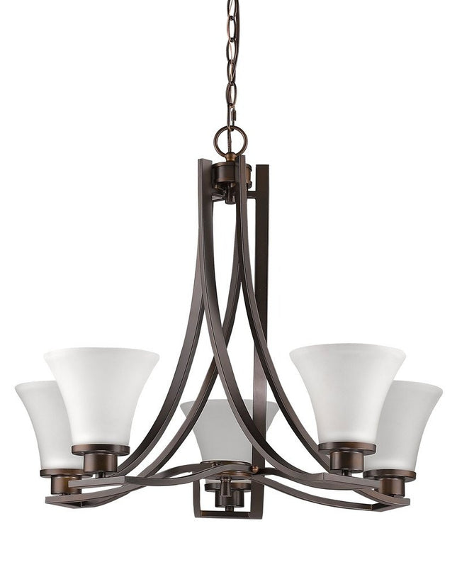 Bronze Candle Style Five Light Frosted Metal Dimmable Chandelier With White Shades