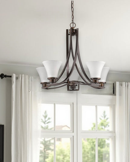Bronze Candle Style Five Light Frosted Metal Dimmable Chandelier With White Shades