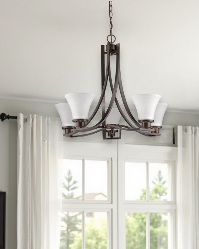 Bronze Candle Style Five Light Frosted Metal Dimmable Chandelier With White Shades