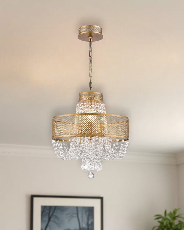 Gold Four Light Metal and Crystals Dimmable Chandelier With Shades