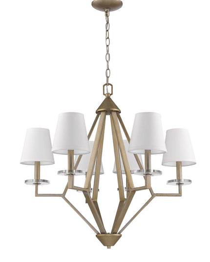 Gold Candle Style Six Light Metal and Crystals Dimmable Chandelier With White Shades