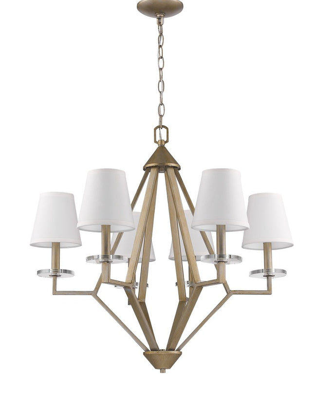 Gold Candle Style Six Light Metal and Crystals Dimmable Chandelier With White Shades
