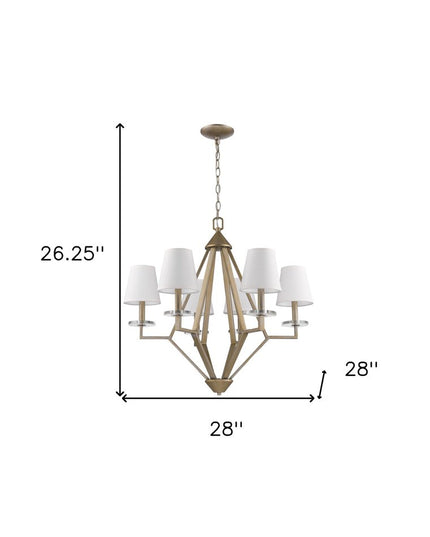 Gold Candle Style Six Light Metal and Crystals Dimmable Chandelier With White Shades