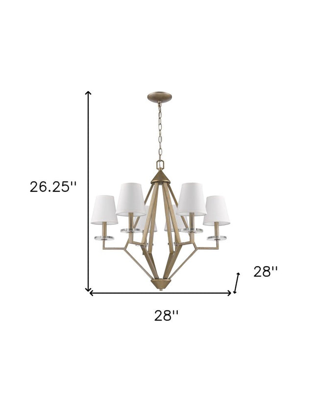 Gold Candle Style Six Light Metal and Crystals Dimmable Chandelier With White Shades