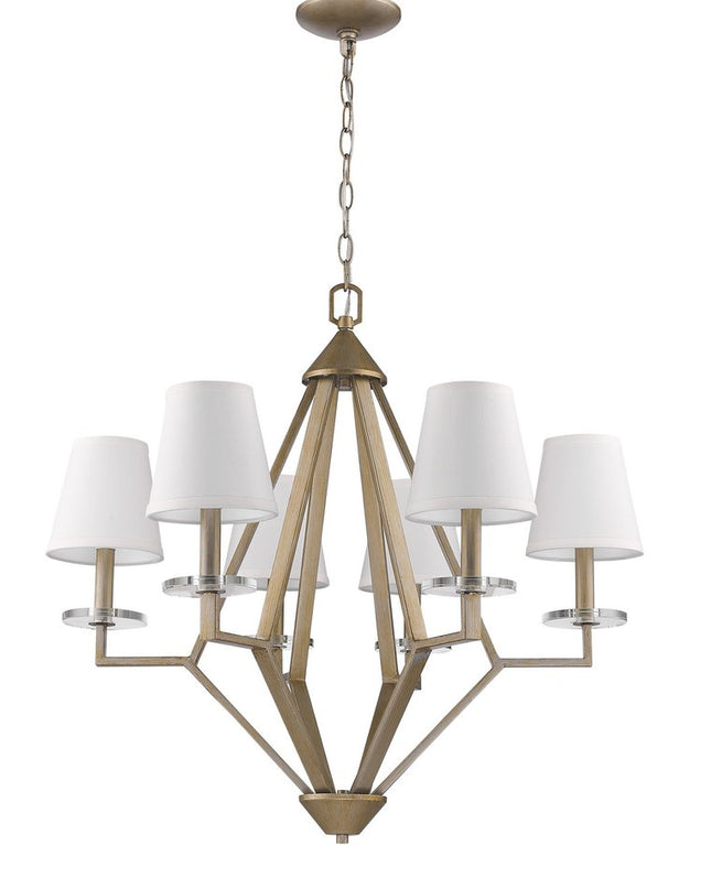 Gold Candle Style Six Light Metal and Crystals Dimmable Chandelier With White Shades