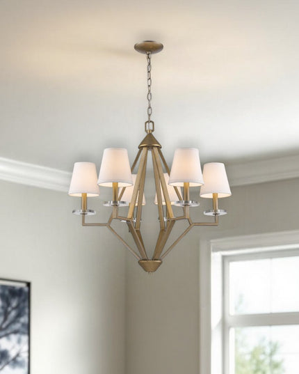 Gold Candle Style Six Light Metal and Crystals Dimmable Chandelier With White Shades