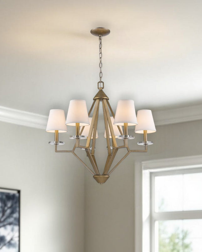 Gold Candle Style Six Light Metal and Crystals Dimmable Chandelier With White Shades