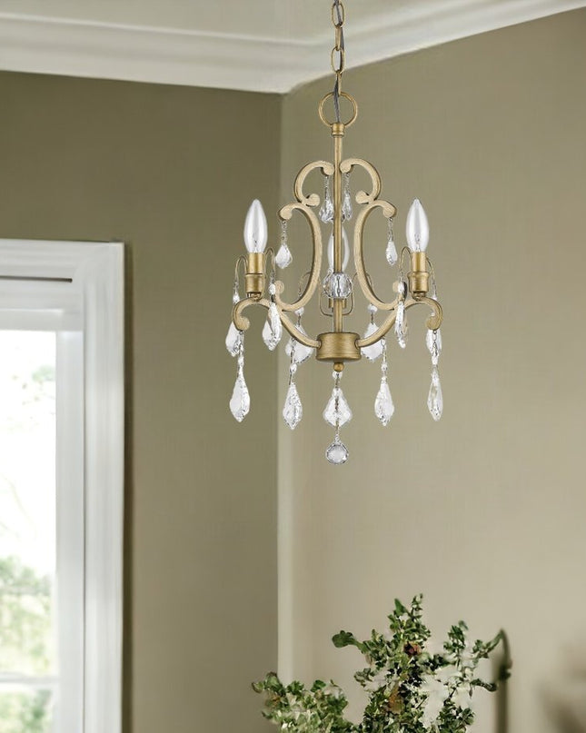 Gold Candle Style Three Light Crystal Metal Dimmable Chandelier